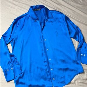 Elegant Zara Blue Silky Button Down Shirt with Modern Style